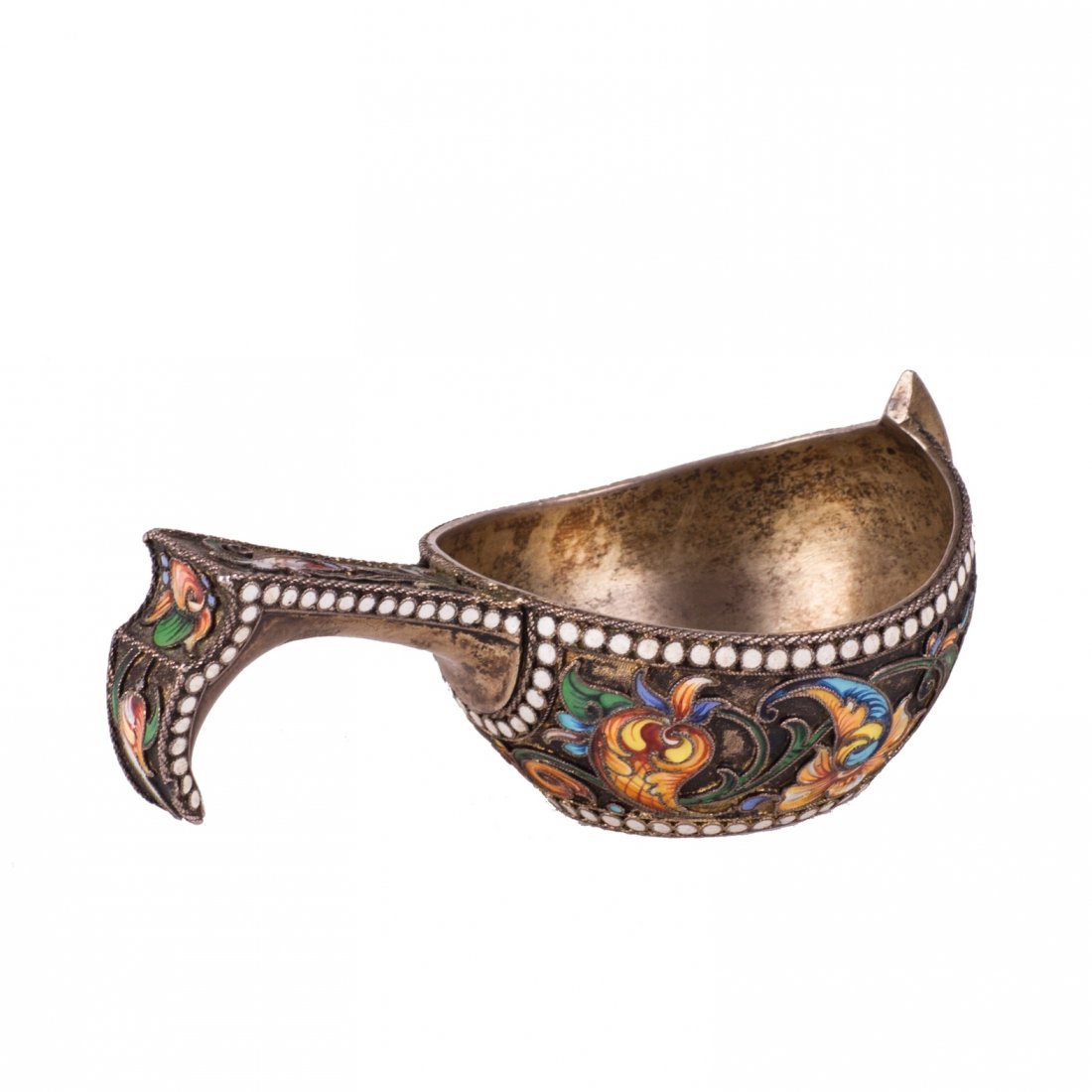 Russian silver-gilt and cloisonne enamel kovsh — image 2