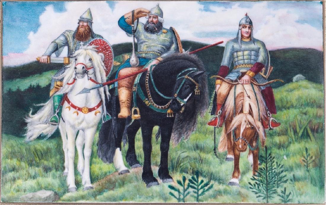 Huge enamel casket with "3 Bogatyrs".11th Artel — image 3