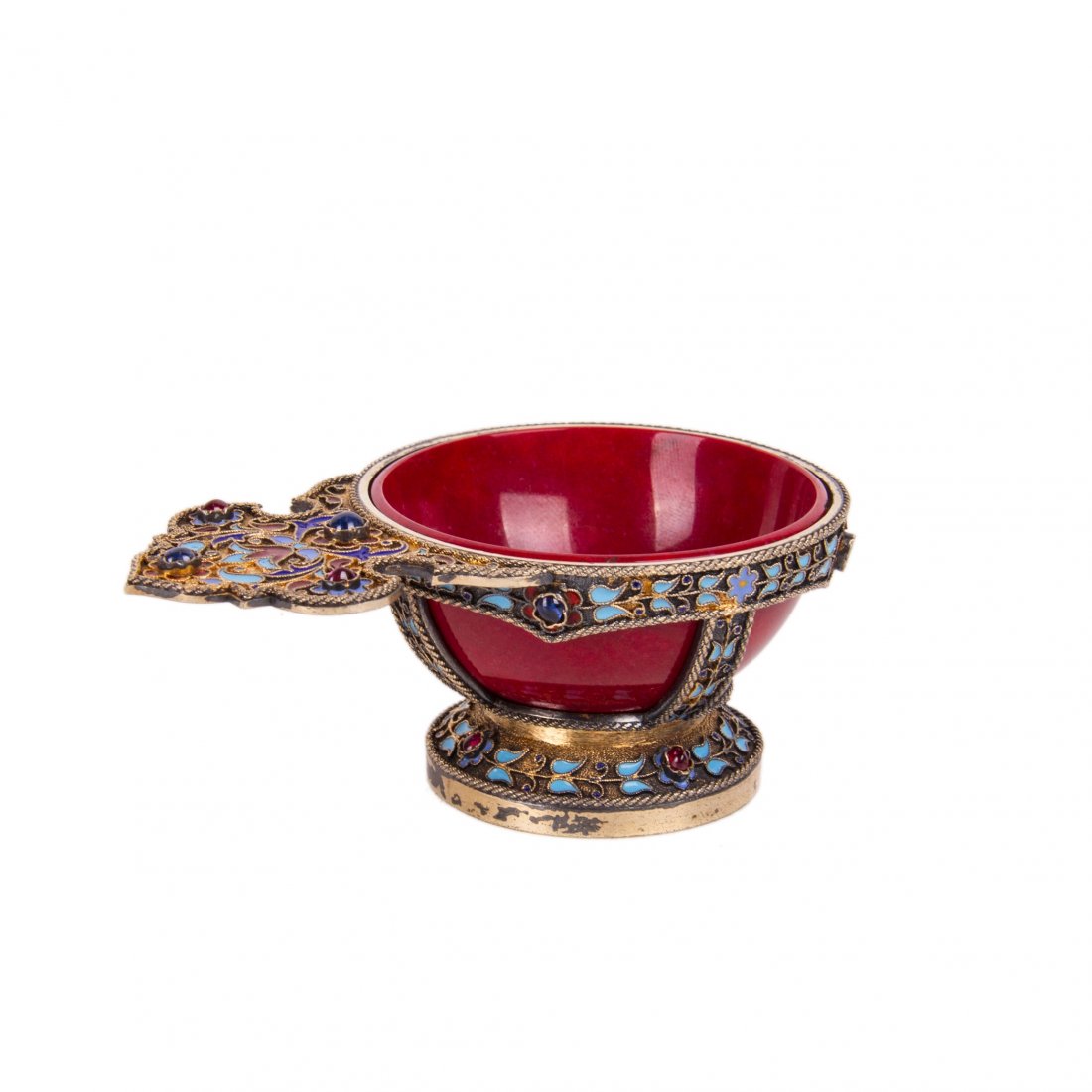 Rare Russian gem-set silver and cloisonne enamel kovsh — image 3