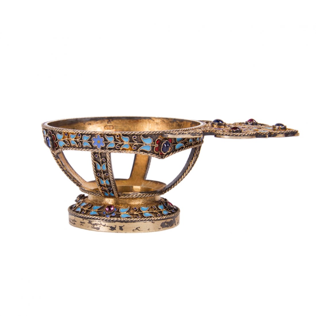 Rare Russian gem-set silver and cloisonne enamel kovsh — image 4