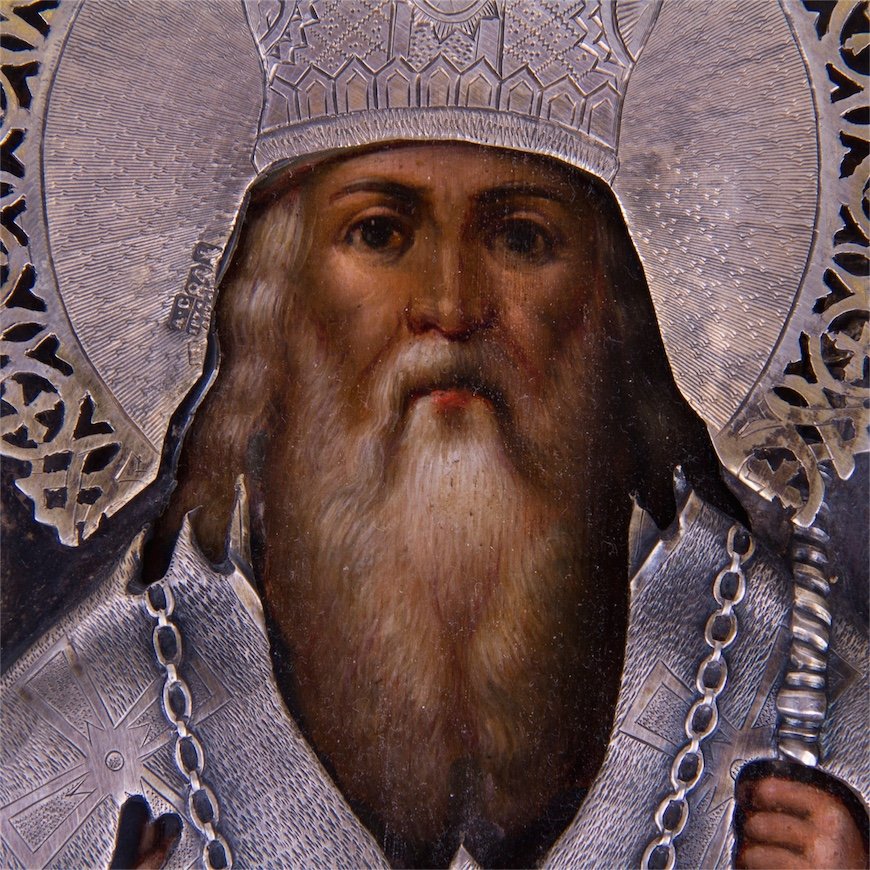 Russian style Icon of Ioann Merciful in silver-gilt — image 3
