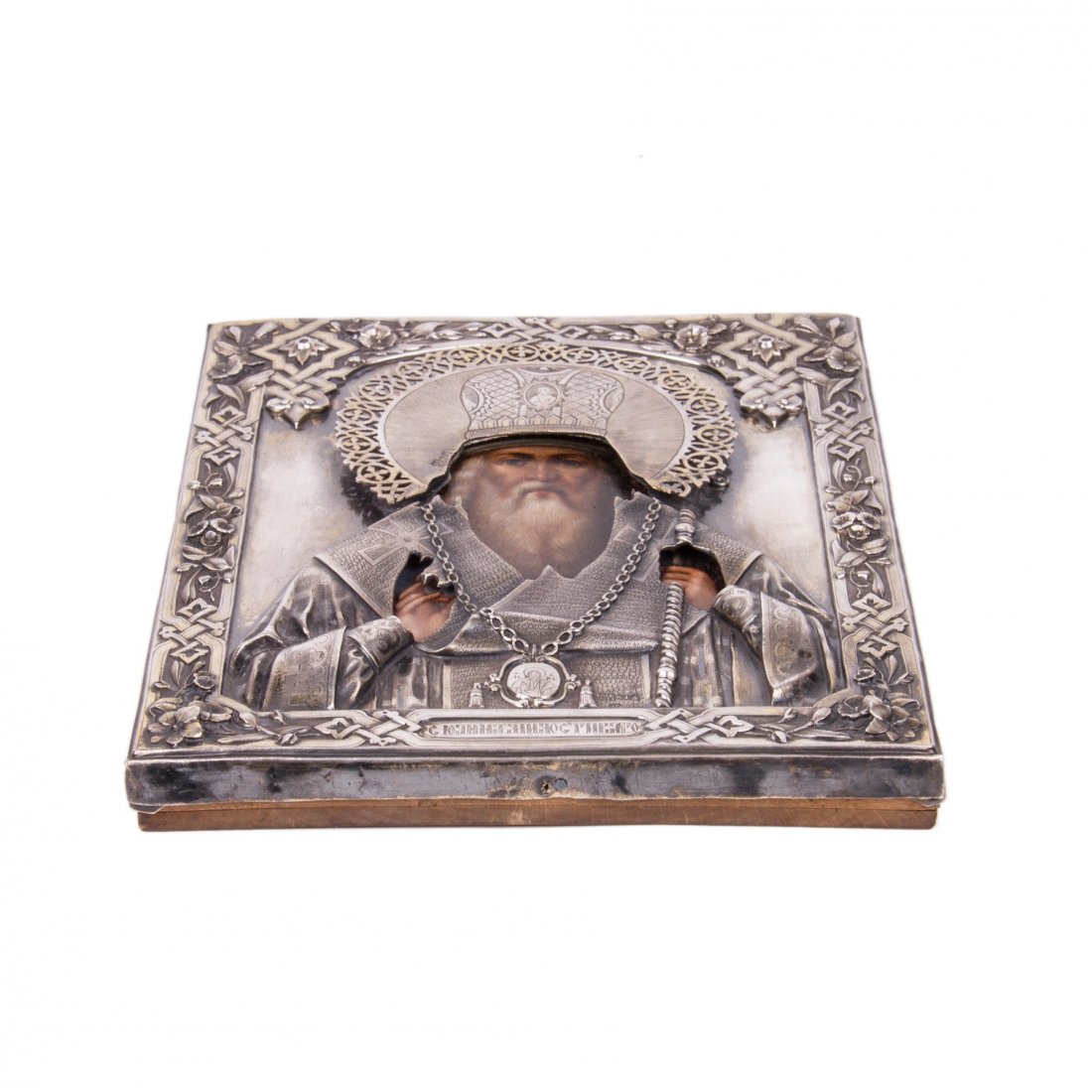 Russian style Icon of Ioann Merciful in silver-gilt — image 4