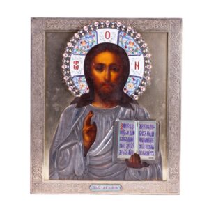 Russian Icon of Christ Pantocrator in enameled silver — image 1