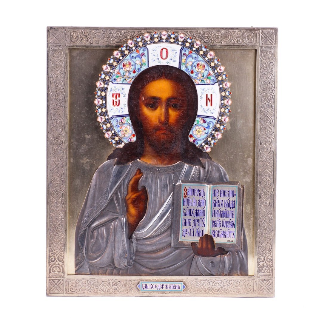 Russian Icon of Christ Pantocrator in enameled silver — image 1