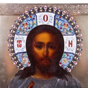 Russian Icon of Christ Pantocrator in enameled silver — image 2