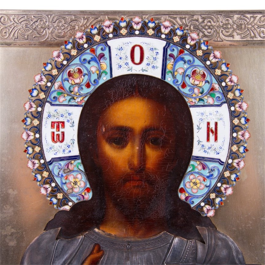 Russian Icon of Christ Pantocrator in enameled silver — image 2