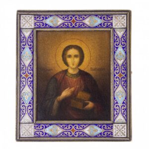 Russian Icon of St. Panteleimon in enameled silver riza — image 1