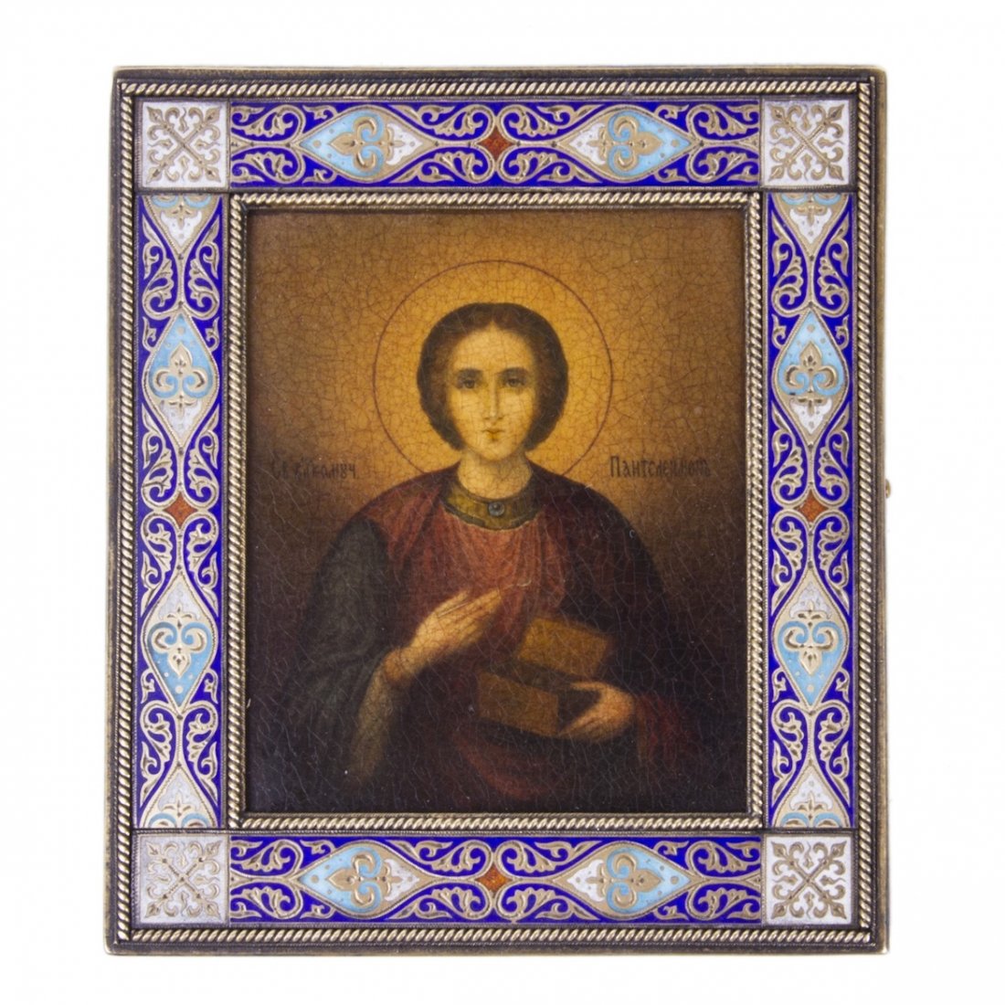 Russian Icon of St. Panteleimon in enameled silver riza — image 1