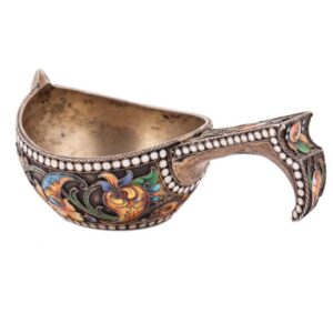 Russian silver-gilt and cloisonne enamel kovsh — image 4