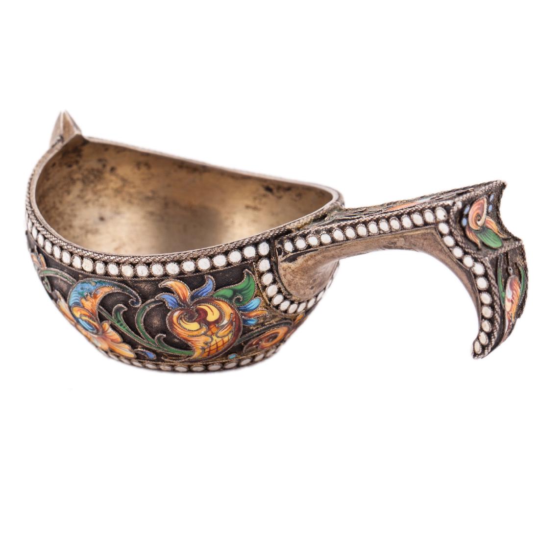 Russian silver-gilt and cloisonne enamel kovsh — image 4
