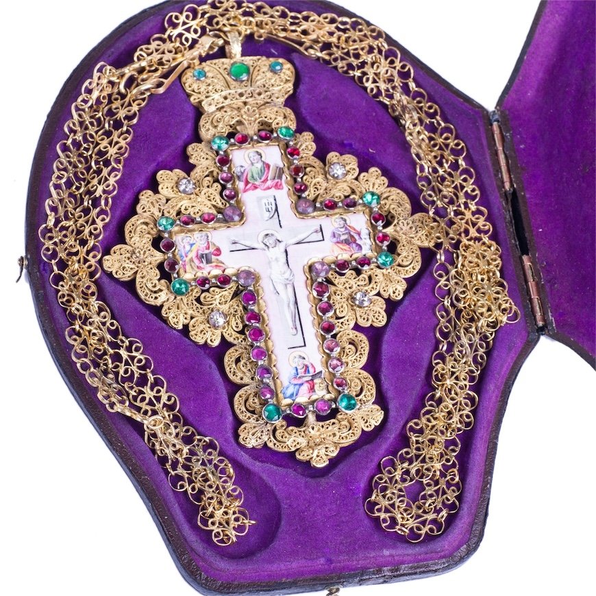 Russian silver-gilt filigree enamel priest cross — image 2