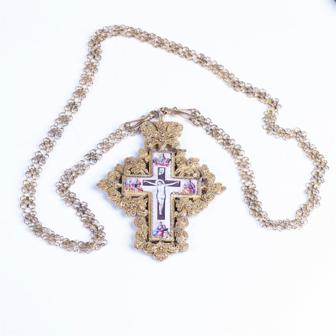 Russian silver-gilt filigree enamel priest cross — image 4