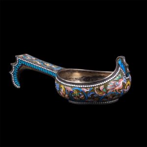 Russian silver and enamel kovsh with peacocks — image 1