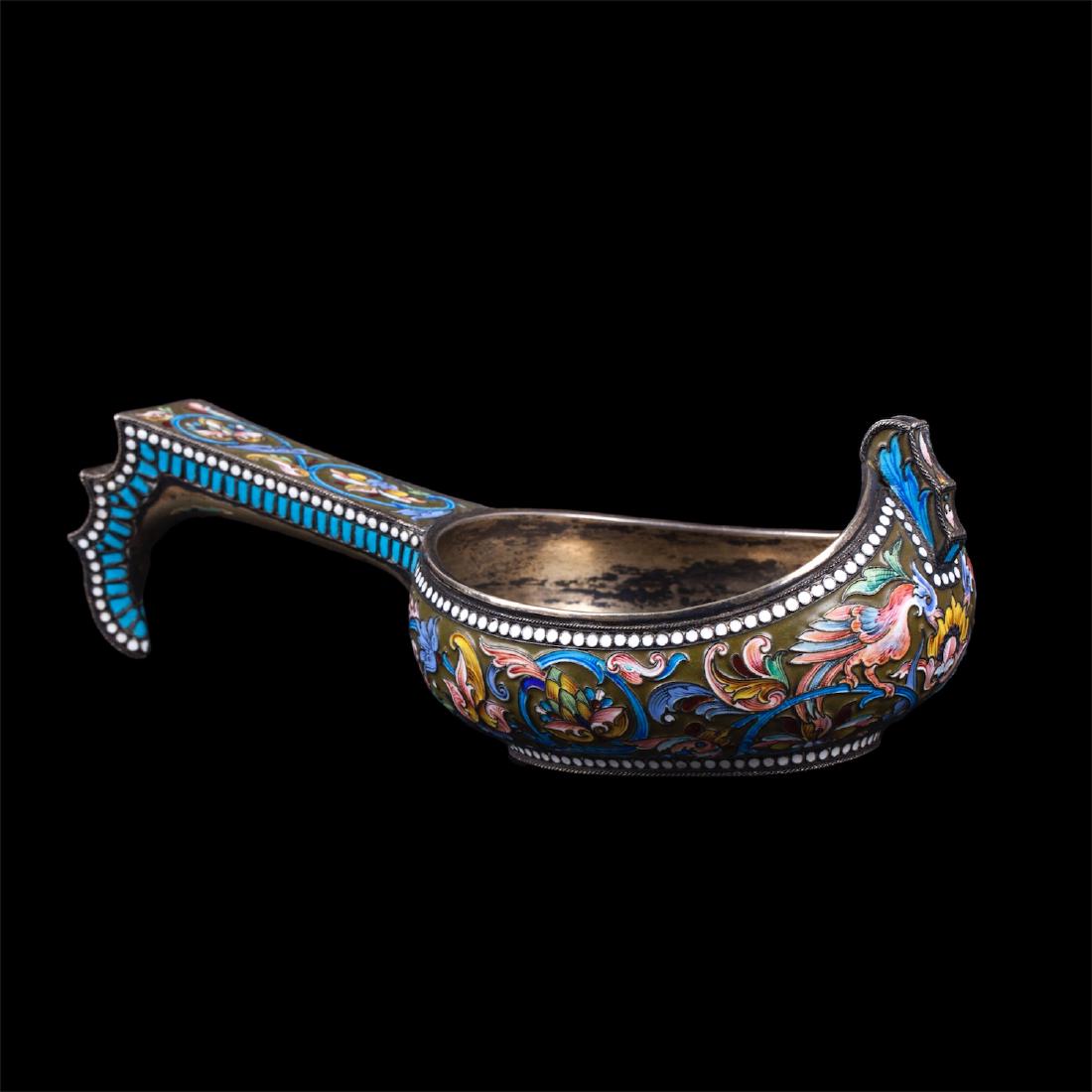 Russian silver and enamel kovsh with peacocks — image 1