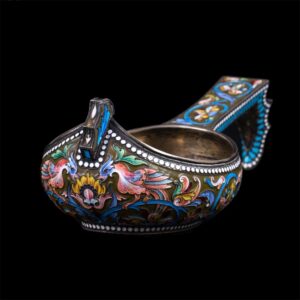 Russian silver and enamel kovsh with peacocks — image 2