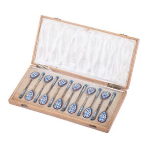 Set of 12 silver and enamel tea spoons — image 1