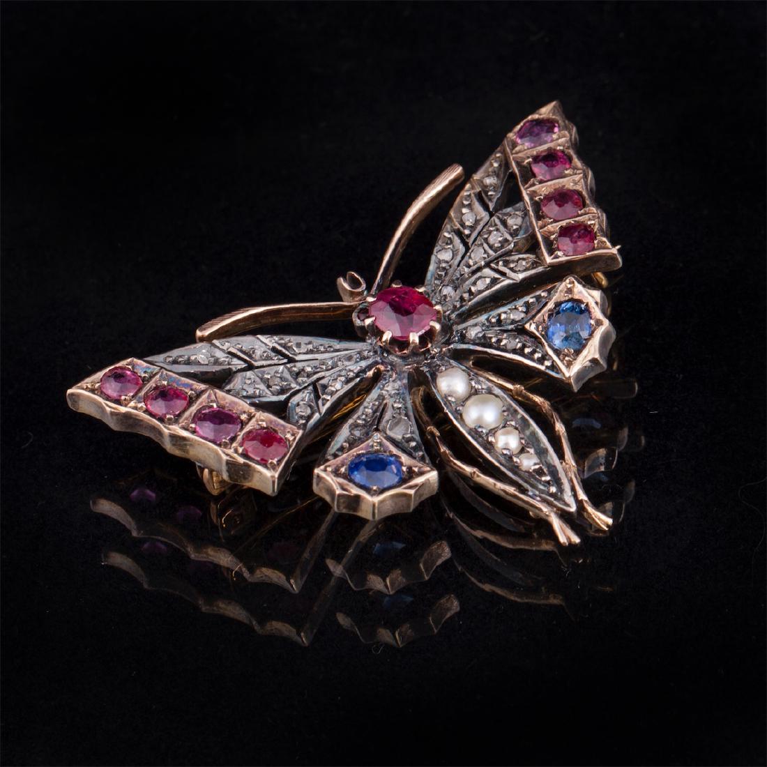Gold,56 brooch with diamonds, sapphires and rubies — image 1