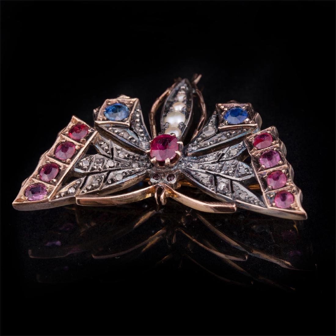 Gold,56 brooch with diamonds, sapphires and rubies — image 2