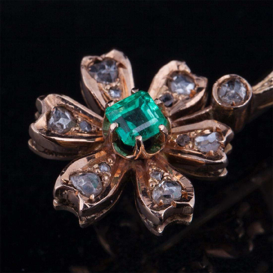 Gold, 583 brooch with diamonds and emerald — image 2