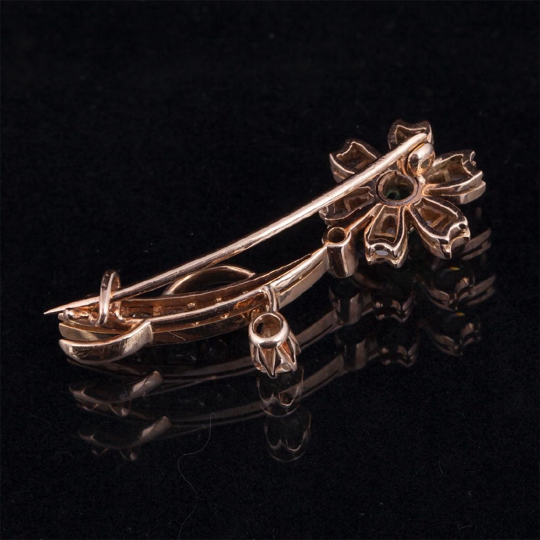 Gold, 583 brooch with diamonds and emerald — image 3