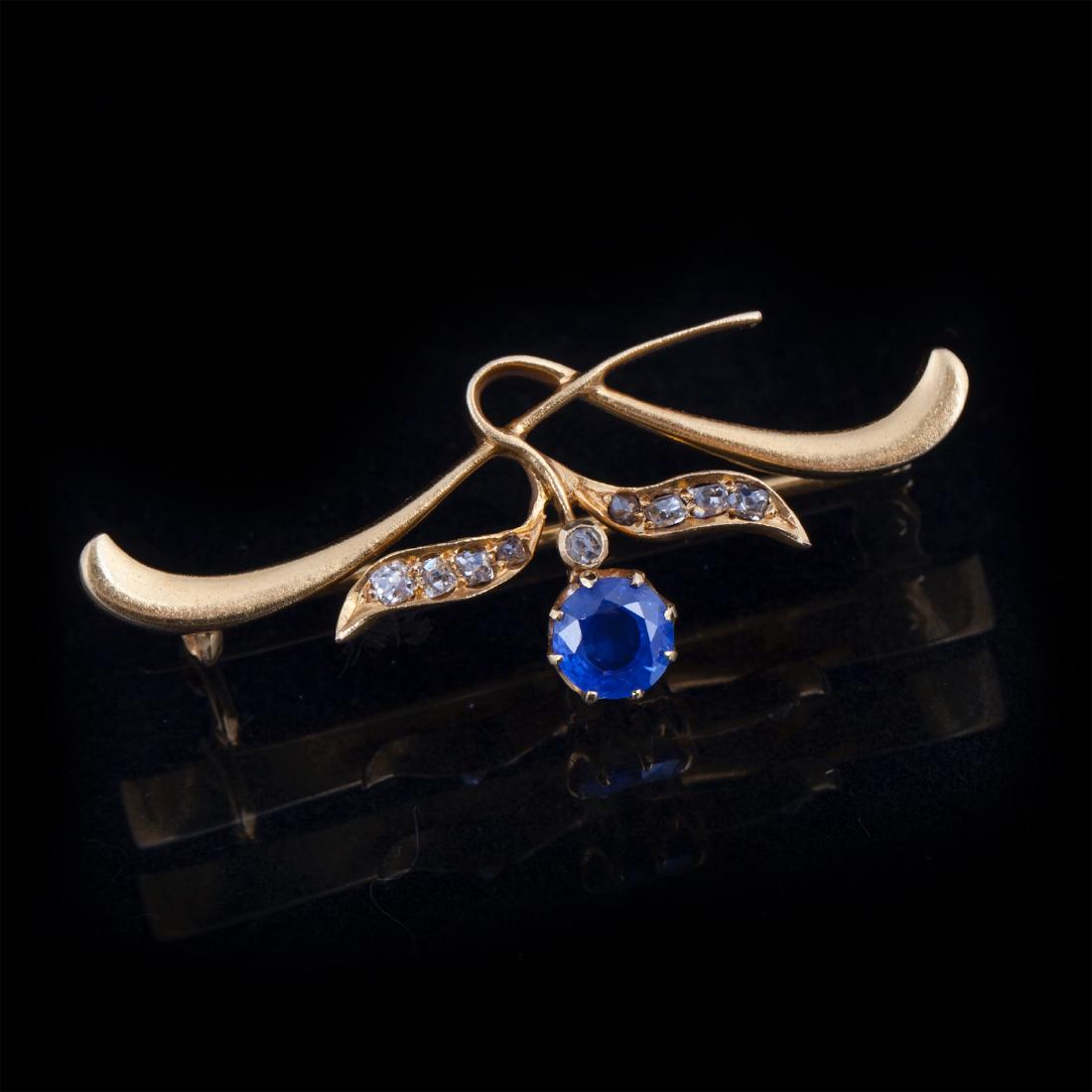 Gold, 583 brooch with diamonds and sapphire — image 1
