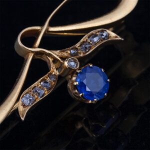 Gold, 583 brooch with diamonds and sapphire — image 2