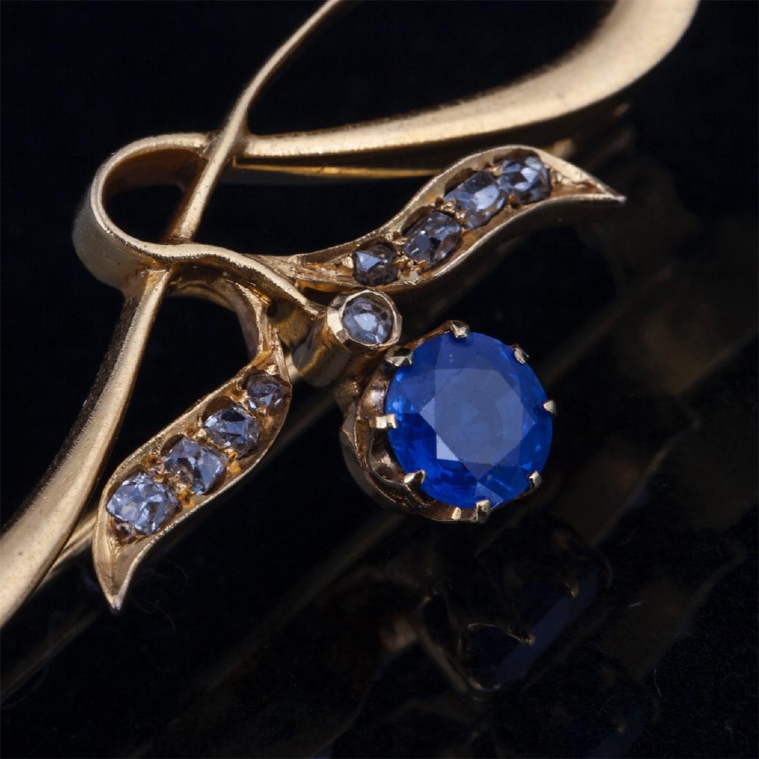 Gold, 583 brooch with diamonds and sapphire — image 2