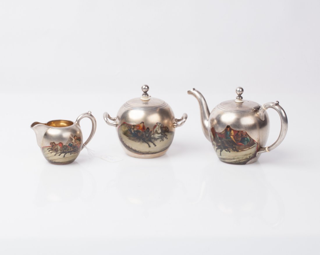 Russian silver and enamel tea set "Troyka". — image 1