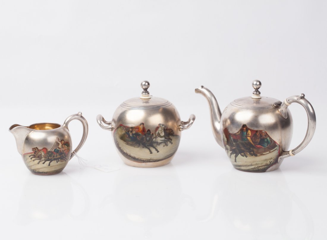 Russian silver and enamel tea set "Troyka". — image 2