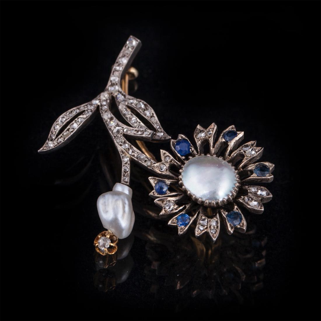Gold, 56 brooch with diamonds, sapphires and natural — image 1