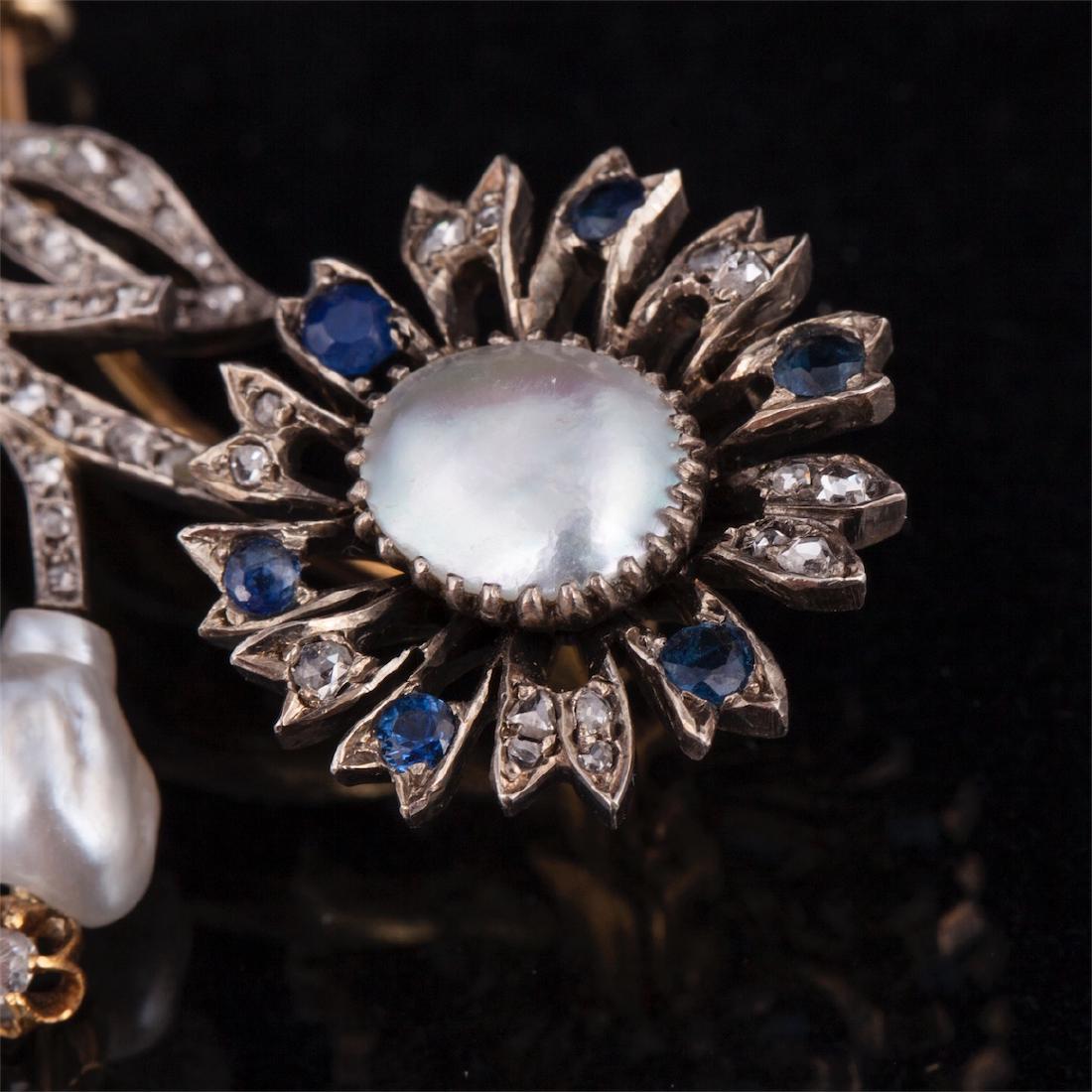 Gold, 56 brooch with diamonds, sapphires and natural — image 2