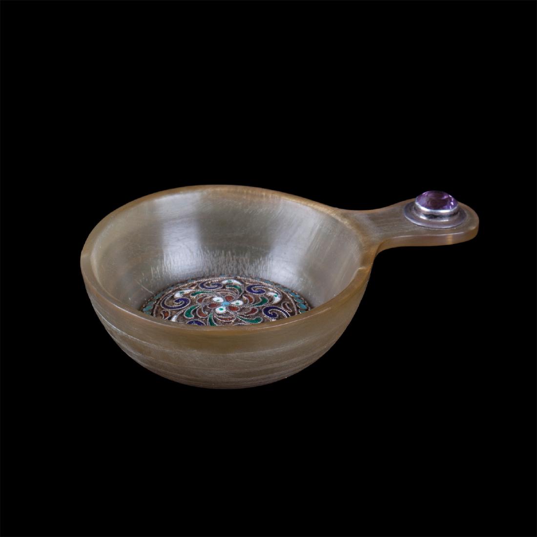 Small Russian silver, enamel and horn kovsh — image 1