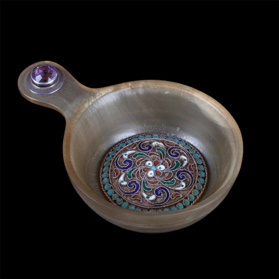 Small Russian silver, enamel and horn kovsh — image 2