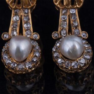 Gold, 585 earrings with diamonds and natural pearls — image 2