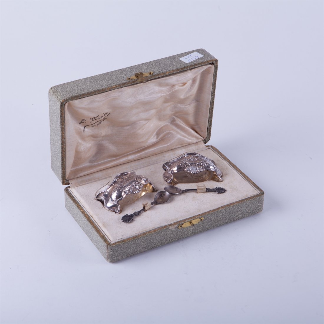 French solid silver salt cellars in box with glass and — image 1