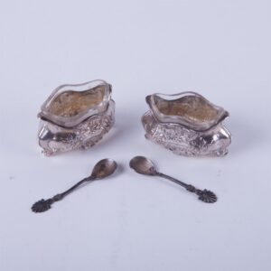 French solid silver salt cellars in box with glass and — image 2