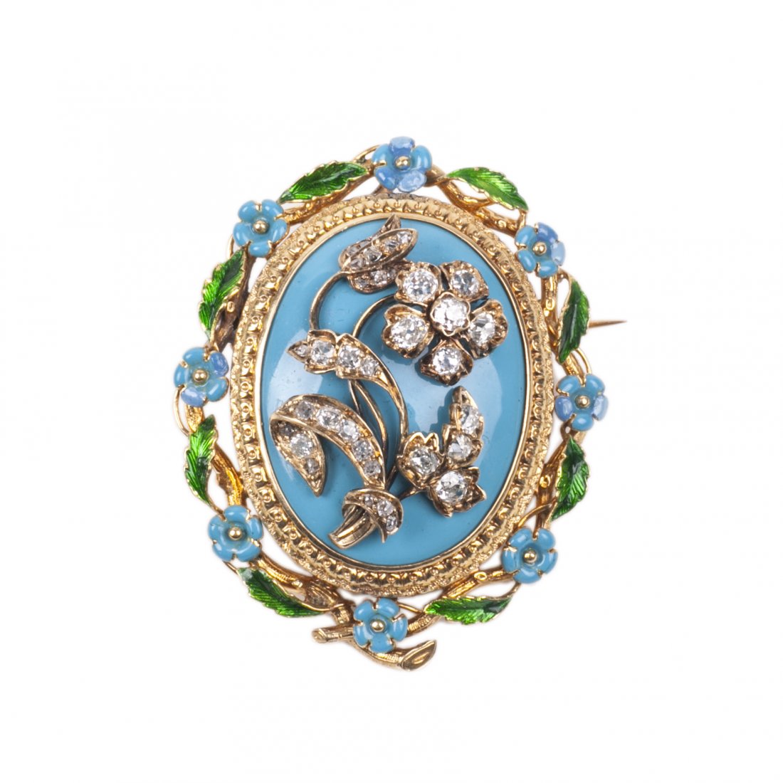 Antique French 18K gold brooch with diamonds and enamel — image 1