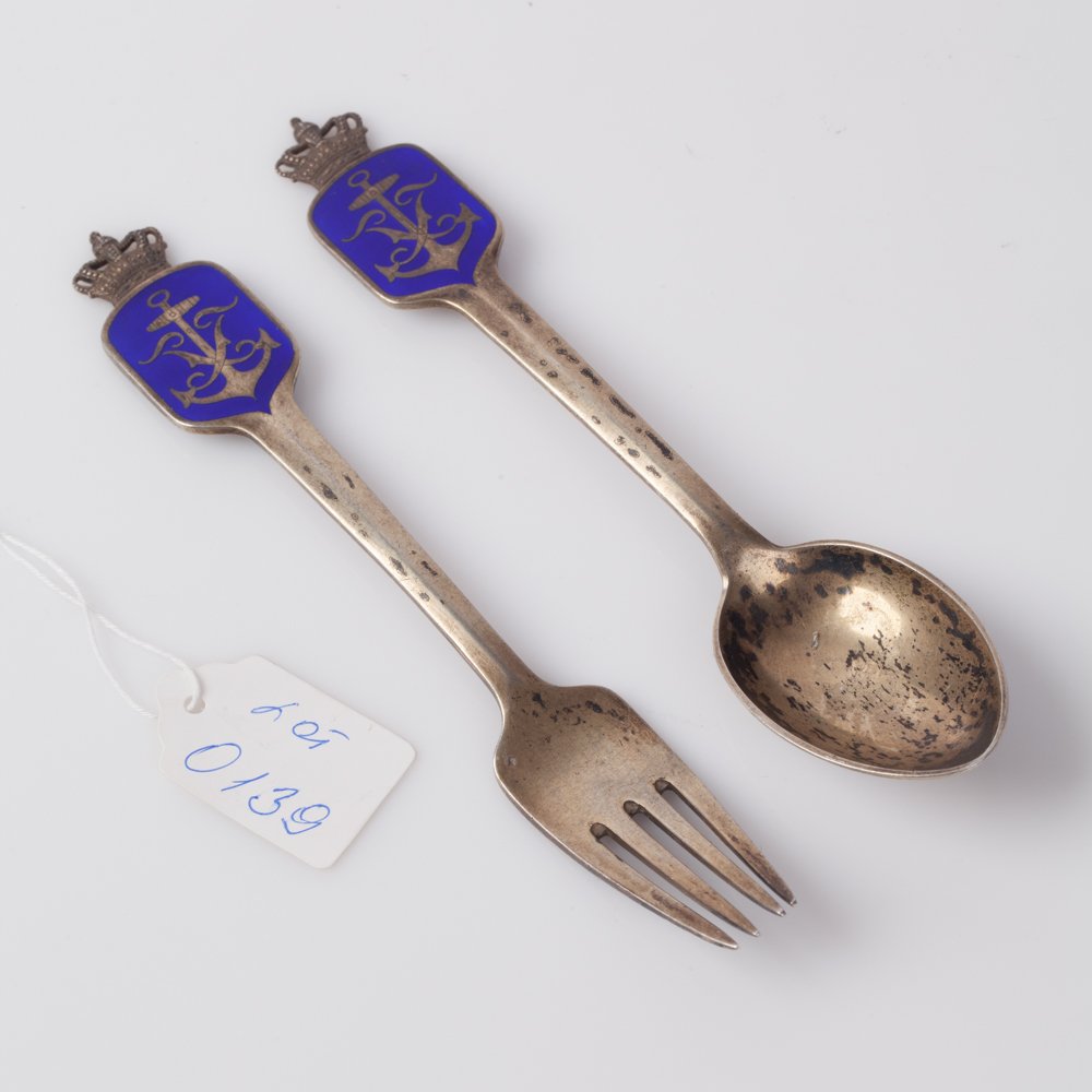 Silver spoon and fork with enamel. — image 1