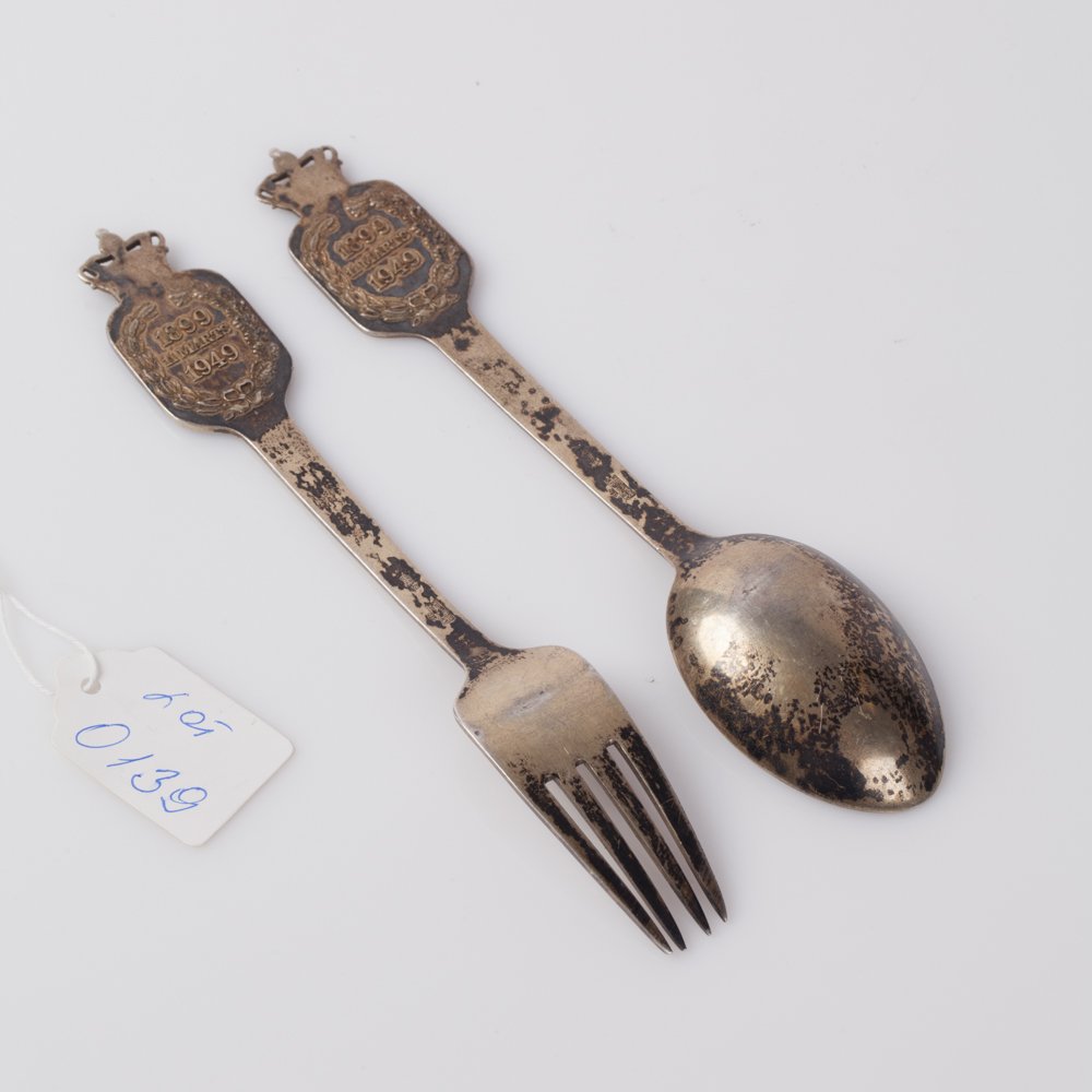 Silver spoon and fork with enamel. — image 2