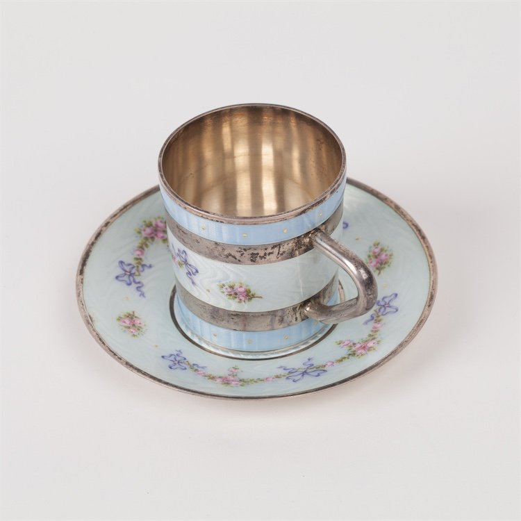 French silver coffee cup with saucer with nice detailed — image 1