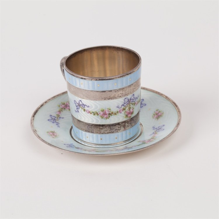 French silver coffee cup with saucer with nice detailed — image 3