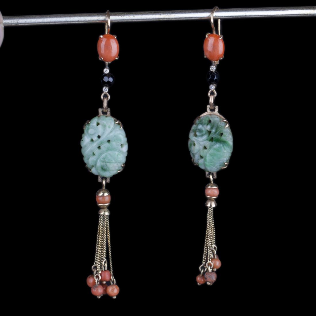 Gold, 583 earrings with jade, coral and diamonds — image 1