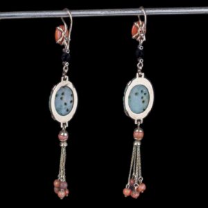 Gold, 583 earrings with jade, coral and diamonds — image 2