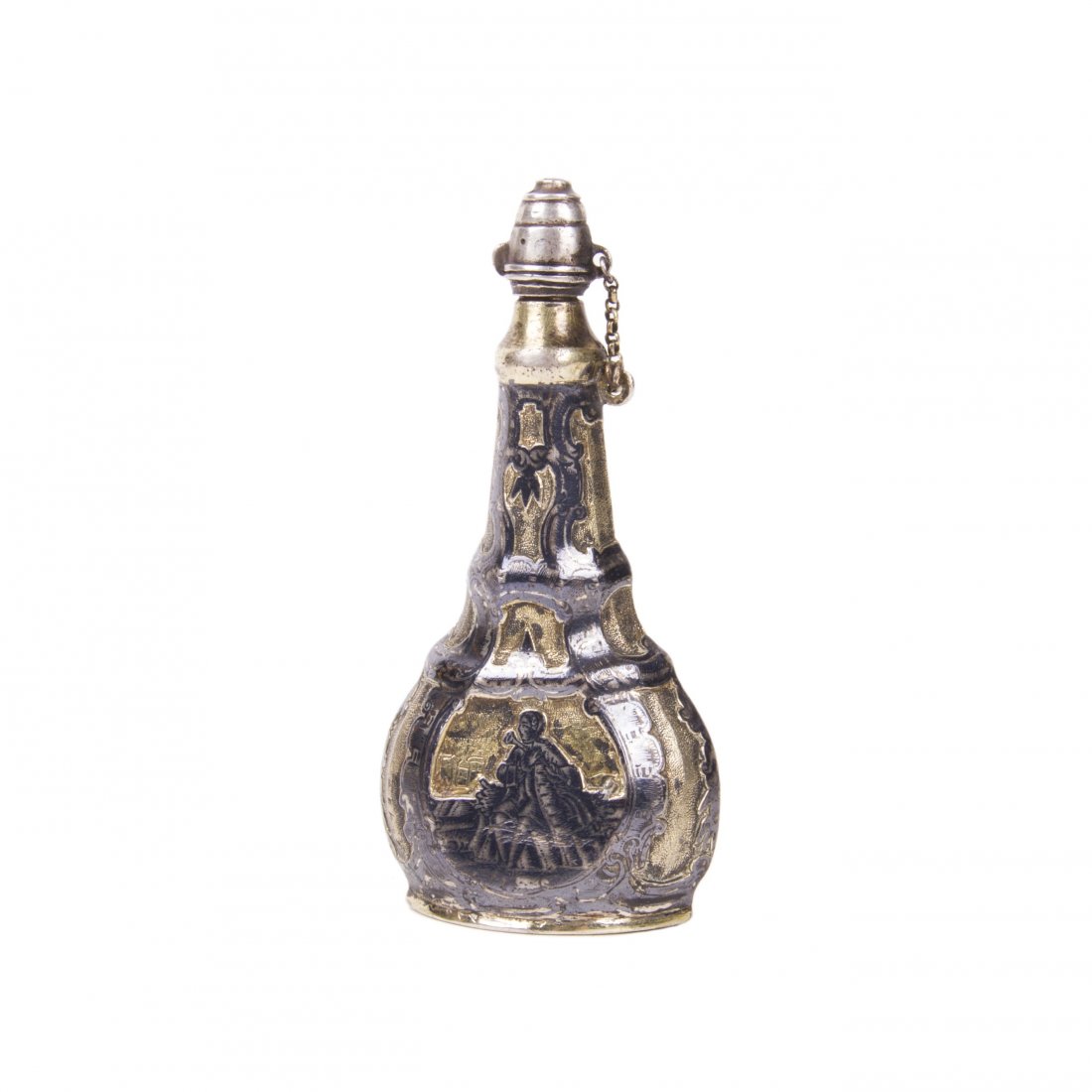 Russian silver-gilt and niello flask with Genre scene — image 1