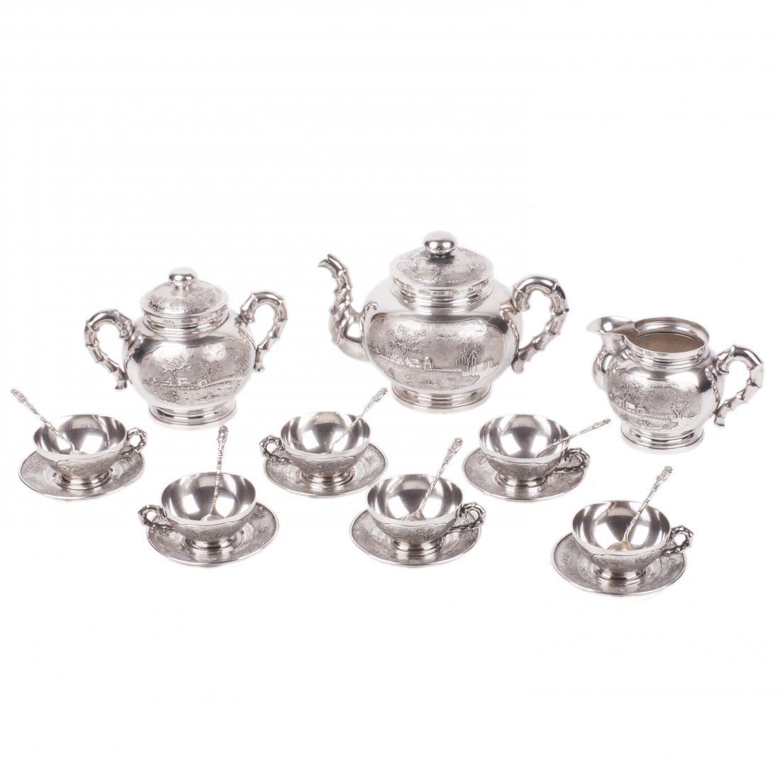 Antique Vietnam sterling silver tea set of 21 pieces — image 1