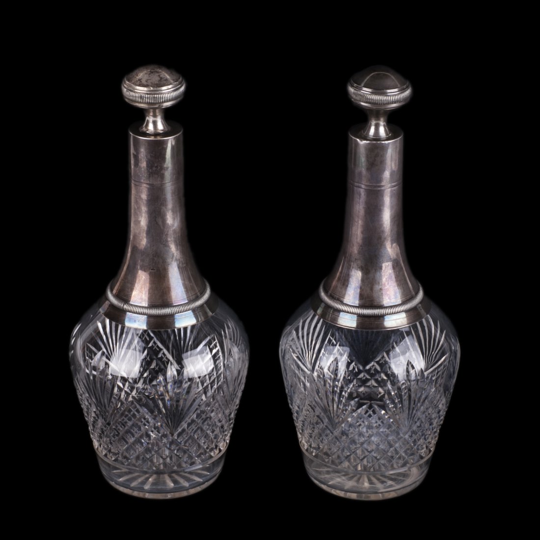 Antique set of 2 silver crystal decanters — image 1