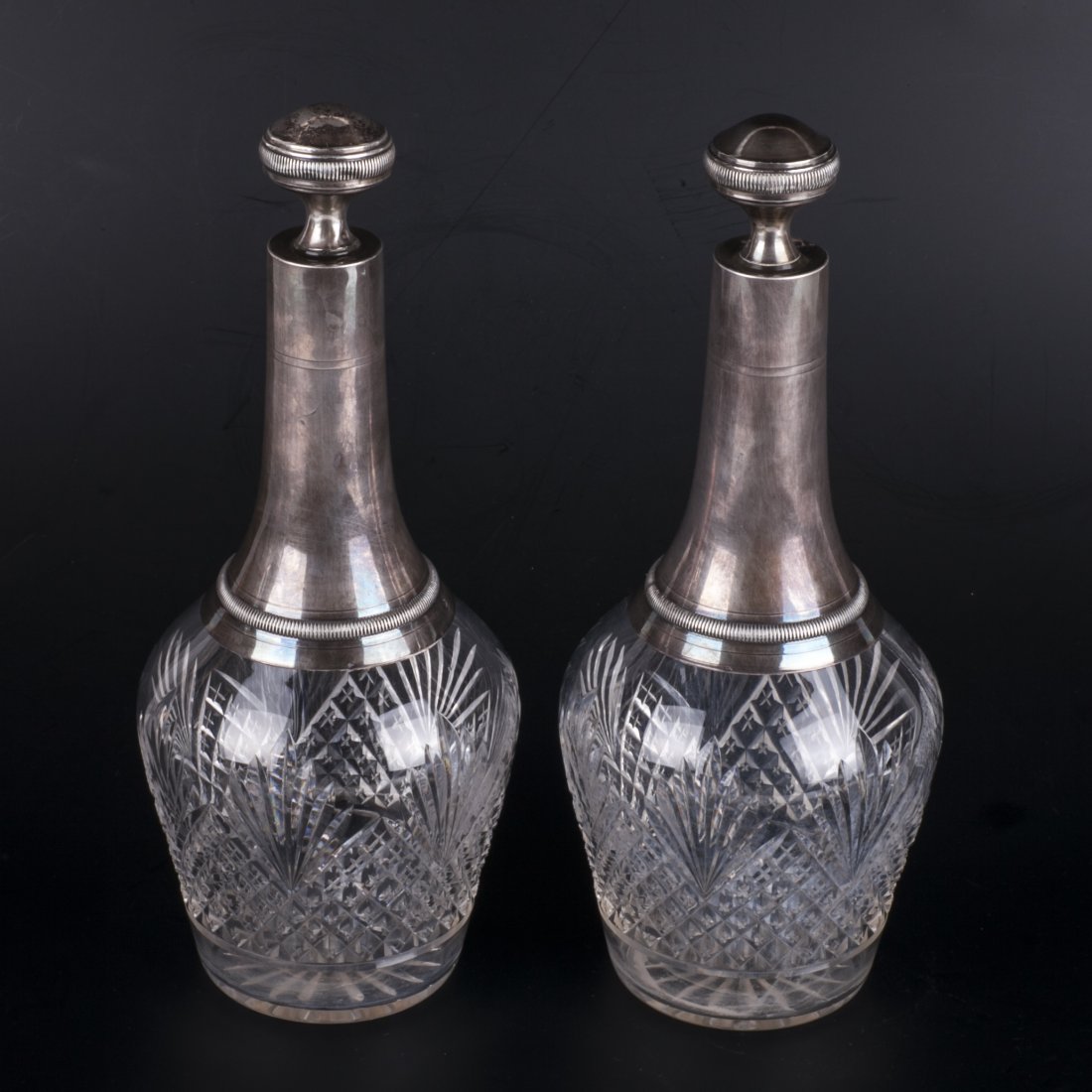 Antique set of 2 silver crystal decanters — image 2