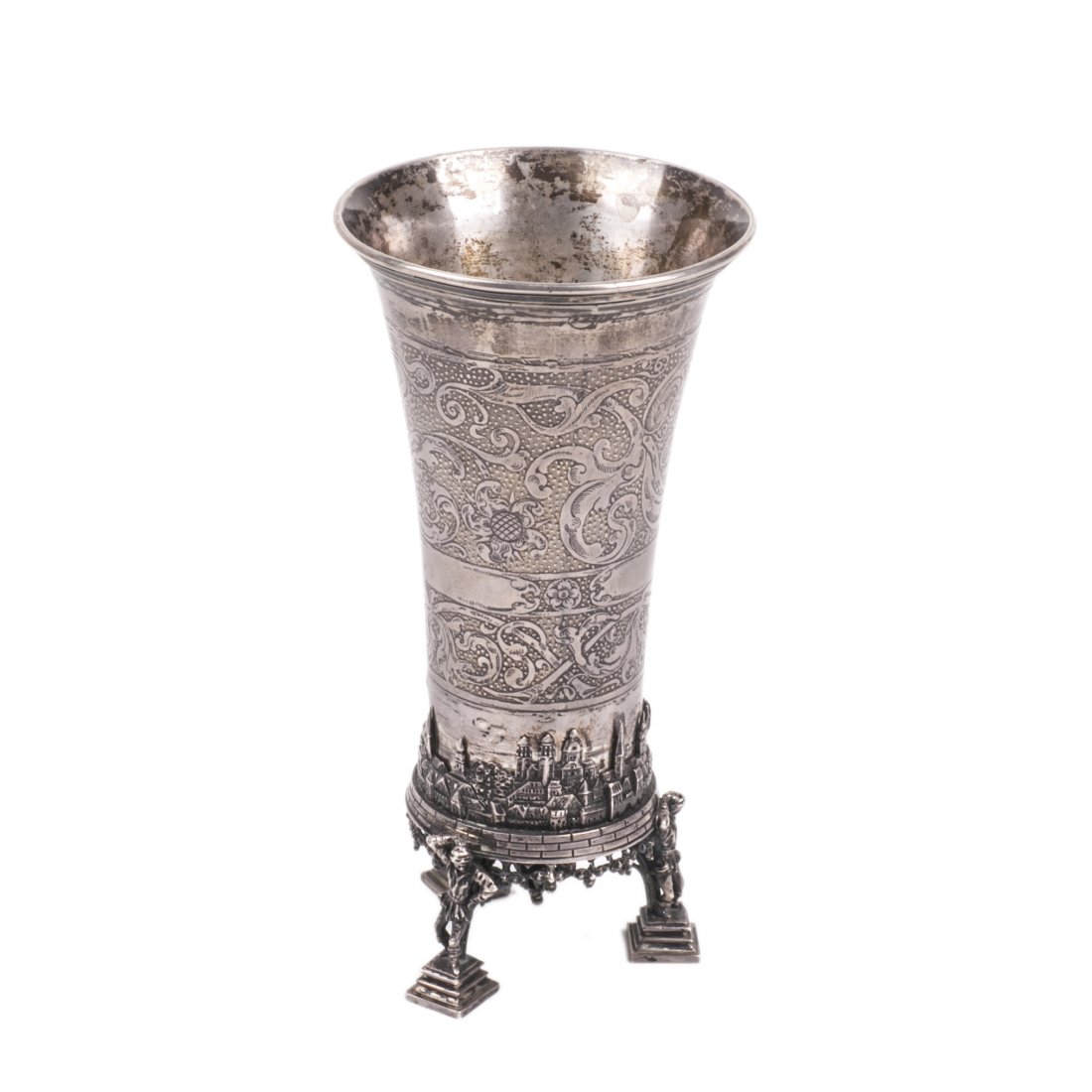 Antique silver goblet on legs with a town view — image 1