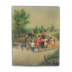 Russian lacquer plate "Dancing at the Khutor". — image 1