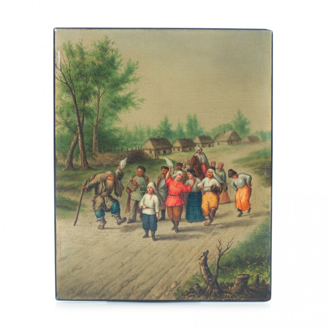 Russian lacquer plate "Dancing at the Khutor". — image 1